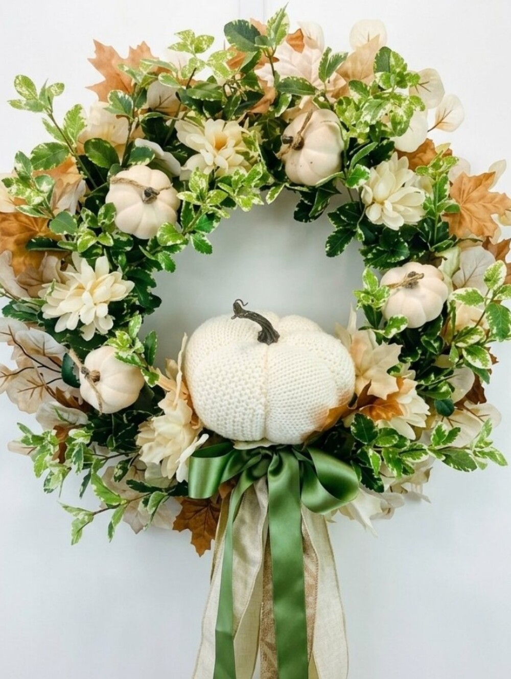 Fall Wreath, Cream, Sage Green, Rust, Sash Style Bow, Approximately 19"